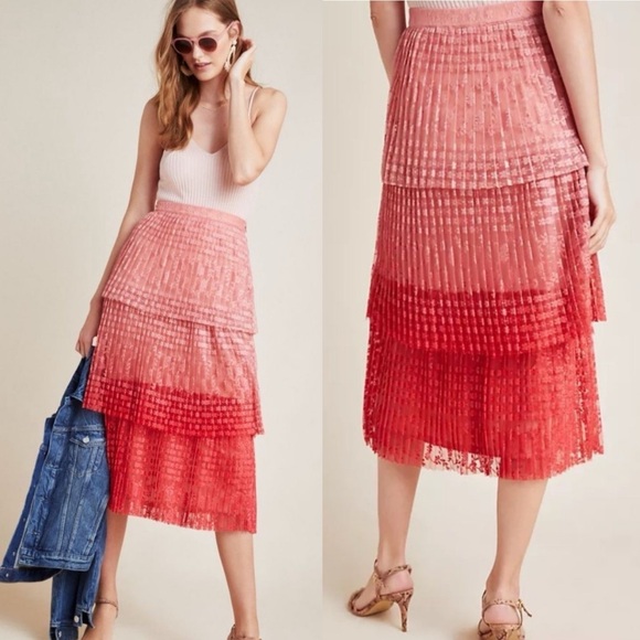 Anthropologie Dresses & Skirts - Anthropologie Maeve Brighton Coral Pink Ombré Tiered Lace Midi Skirt